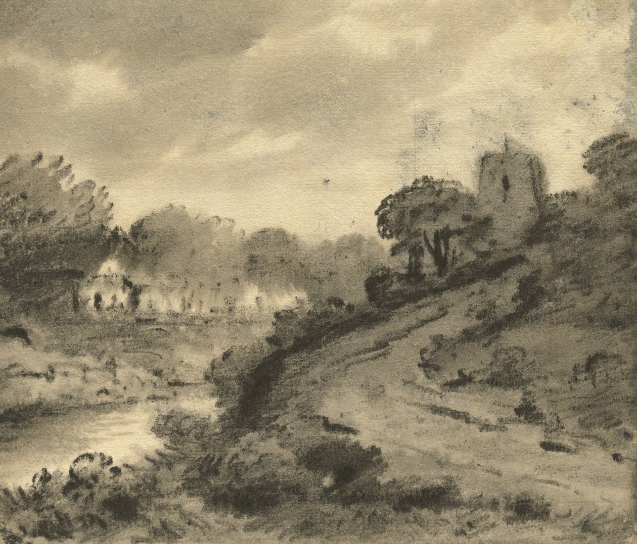 Et skovklædt flodlandskab med en sten i venstre forgrund, ca. 1800 af Thomas Monro