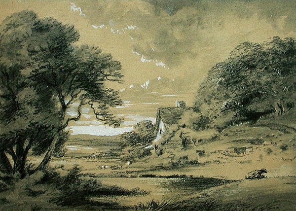 Landskab med et sommerhus ved en flod (kul, vask og kropsfarve på papir) af Thomas Monro