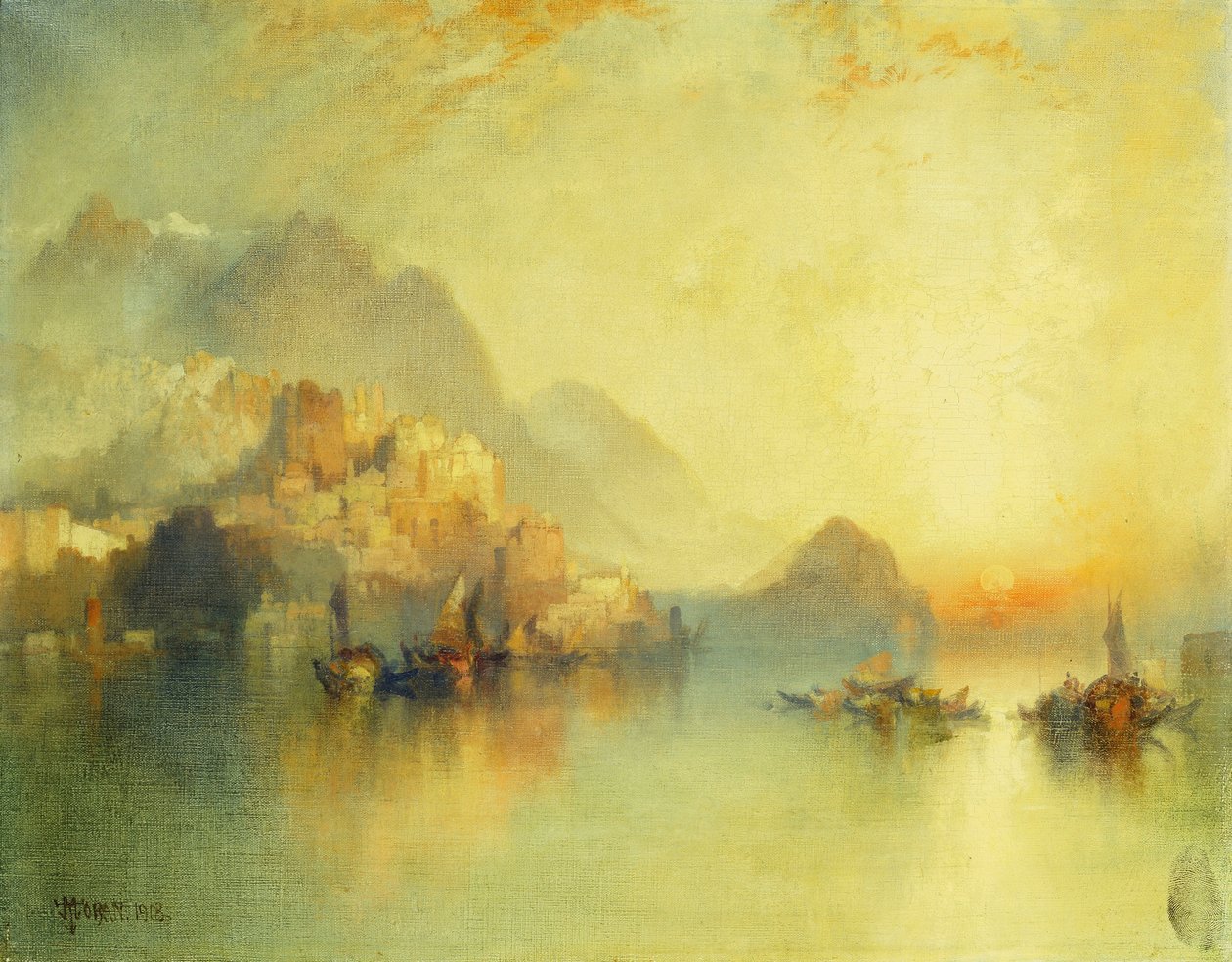 En bjerglandsby ved solnedgang, 1918 af Thomas Moran