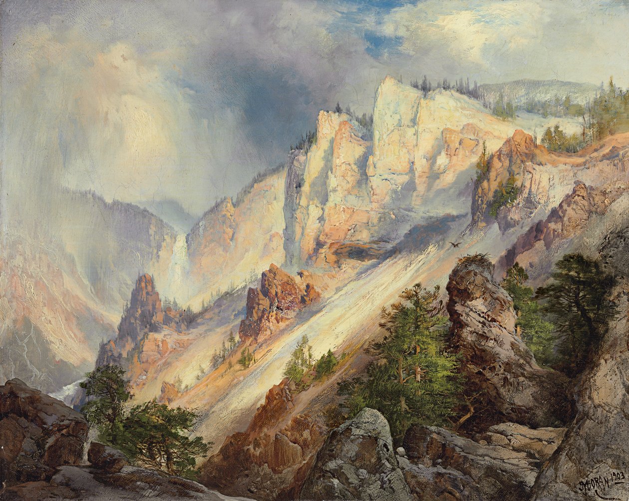 Et forbigående brusebad i Yellowstone Canyon, 1903 af Thomas Moran