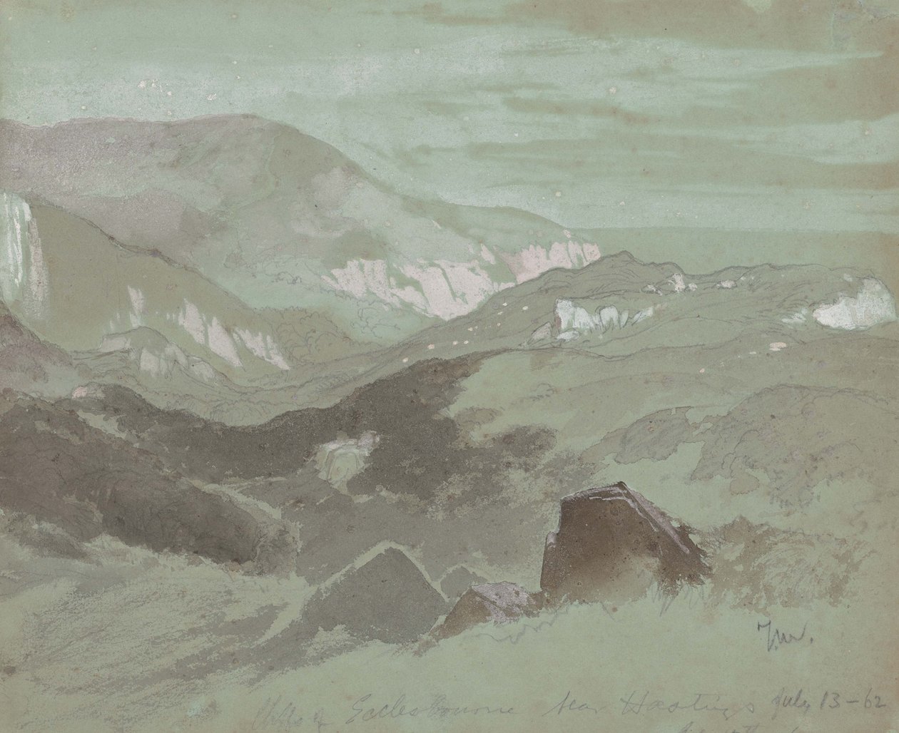 Cliffs of Ecclesbourne nær Hastings, 1862 (grafit med vask på gråt vævet papir) af Thomas Moran