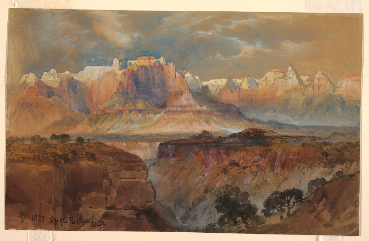 Tegning, klipperne ved Rio Virgin, det sydlige Utah, 1873 af Thomas Moran