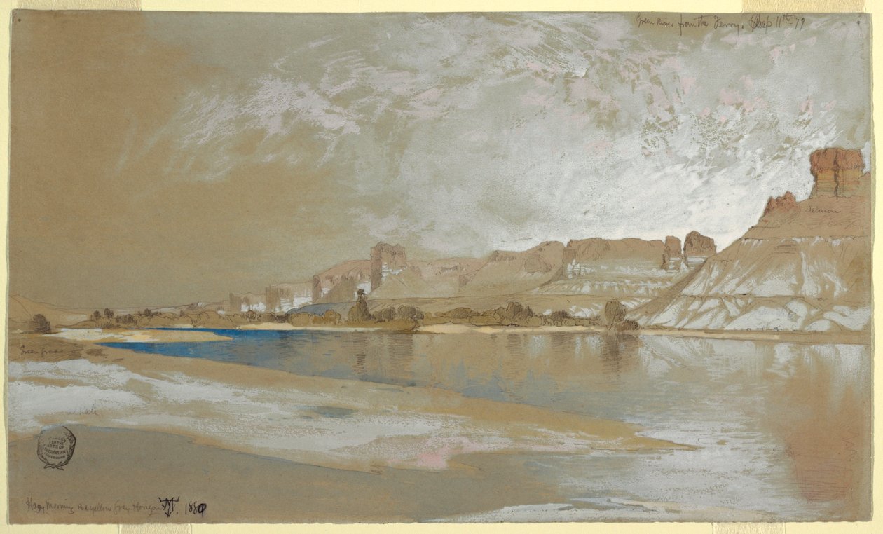 Tegning, Green River fra færgen, Wyoming-territoriet, 11. september 1889 af Thomas Moran