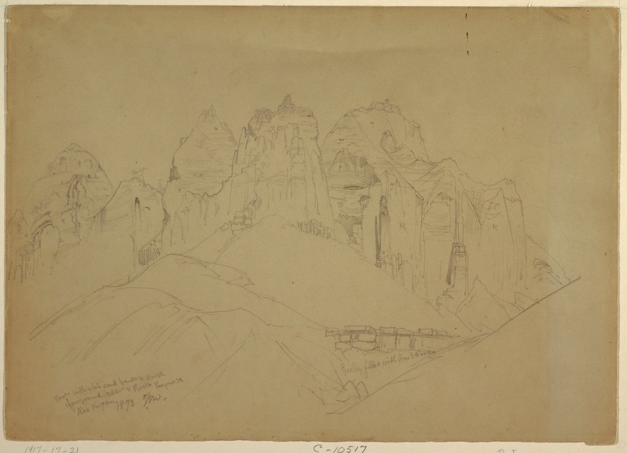 Tegning, Rio Virgin-floden med store klippeformationer, 1873 af Thomas Moran