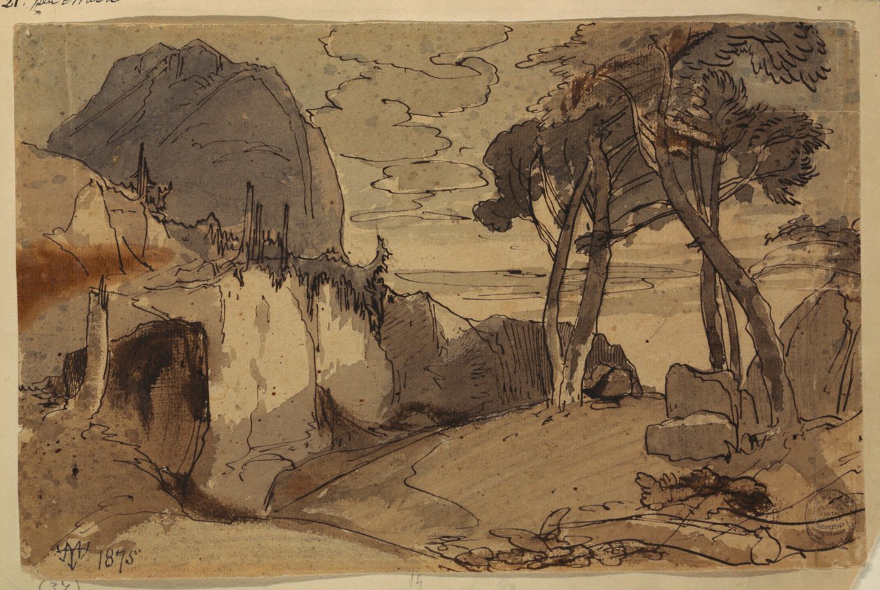 Tegning, Vej i et bjerglandskab, 1875 af Thomas Moran