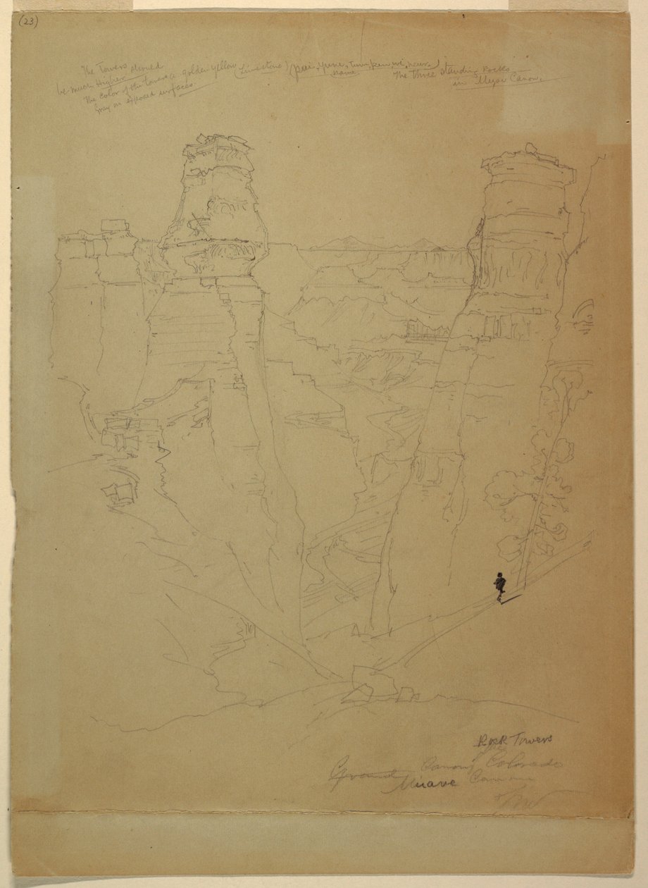 Tegning, klippetårne i Muave [Muav] Canyon, Colorado, 1873 af Thomas Moran