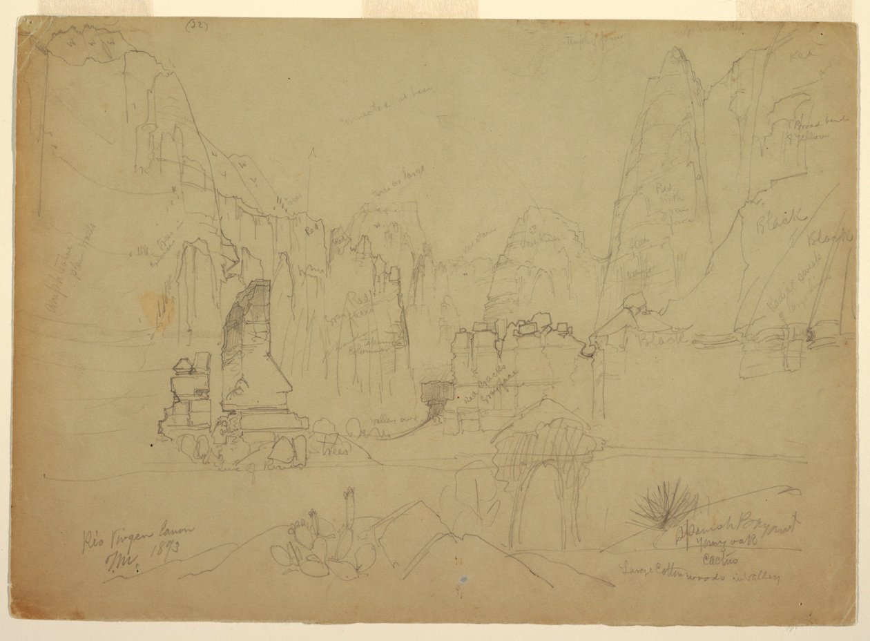 Tegning, The Canyon of the Rio Virgin, South Utah, 1873 af Thomas Moran