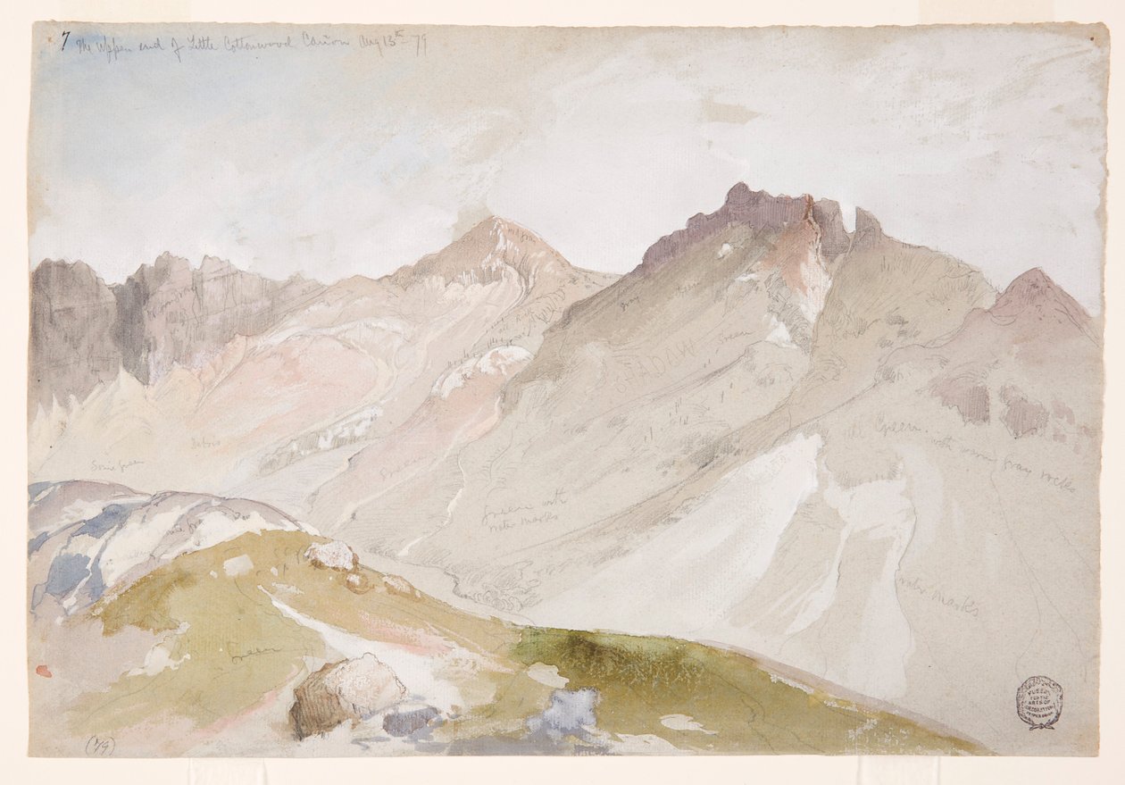 Tegning, Den øvre ende af Little Cottonwood Canyon, Wasatch Range, nær Ogden, Utah, 13. august 1879 af Thomas Moran