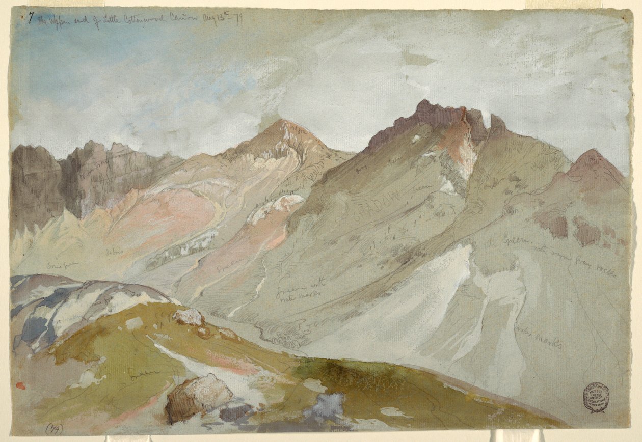 Tegning, Den øvre ende af Little Cottonwood Canyon, Wasatch Range, nær Ogden, Utah, 13. august 1879 af Thomas Moran