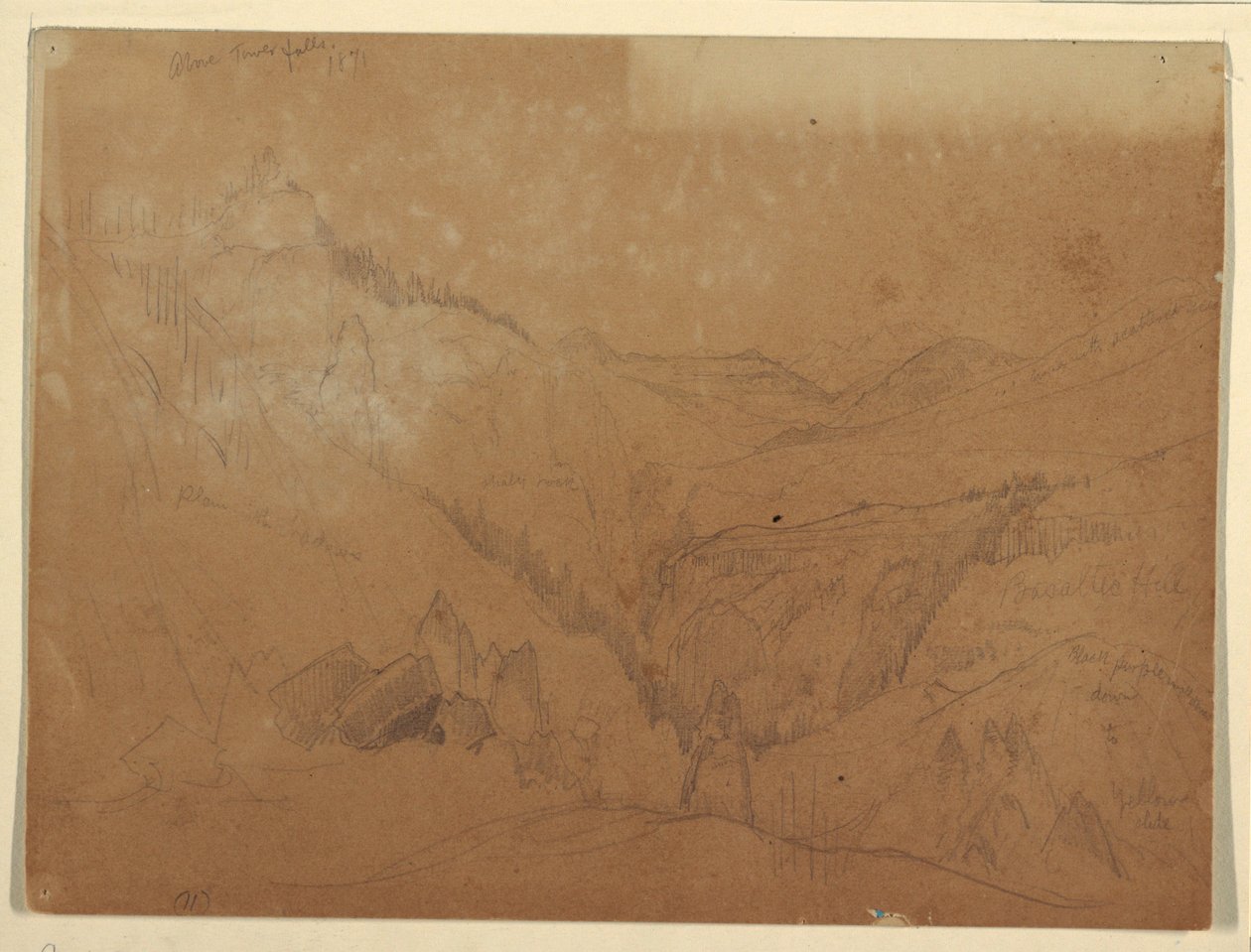 Tegning, Yellowstone, over Tower Falls, 1871 af Thomas Moran