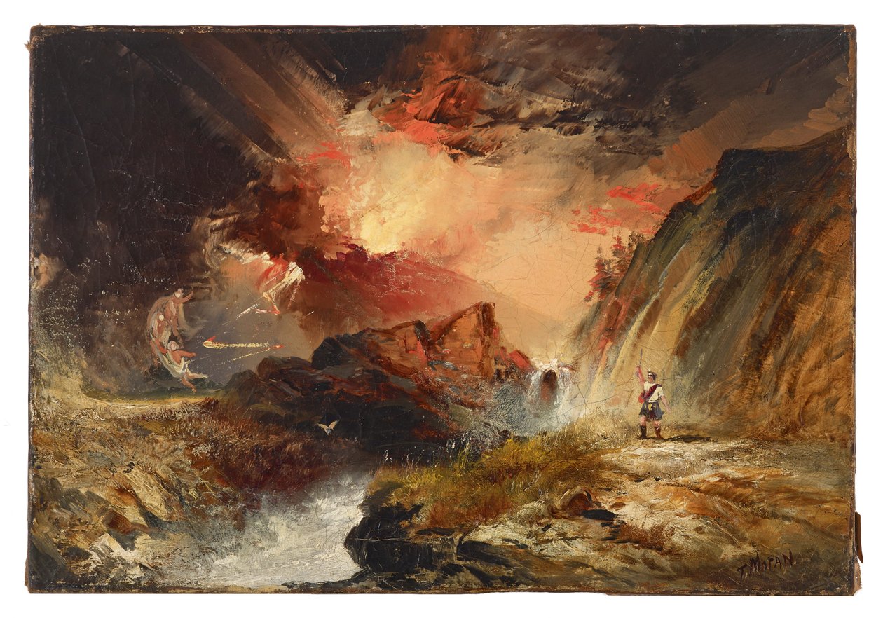 Macbeth og heksene (muligvis Højlandsfantasi) af Thomas Moran