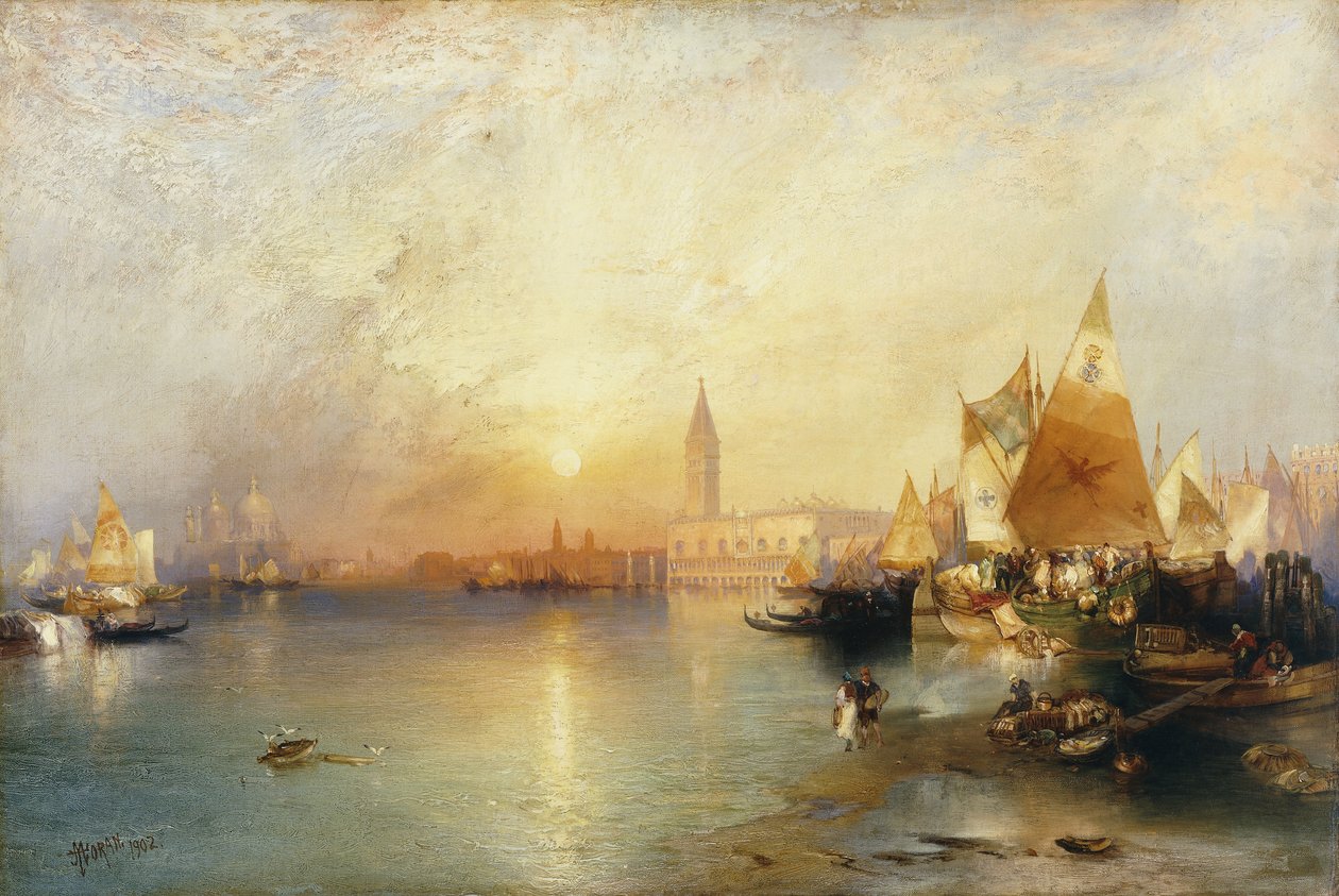 Solnedgang, Venedig; Santa Maria og hertugpaladset, 1902 af Thomas Moran