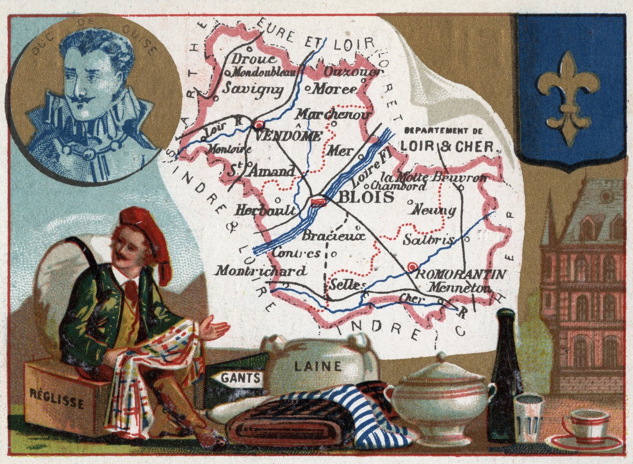 Loir-et-Cher, centrum, Frankrig. Liquisse, handsker og uld. Serie om de franske departementer. , ca. 1920 (chromo) af Thomas & Mortimer John Hamilton (1741-79) Jones