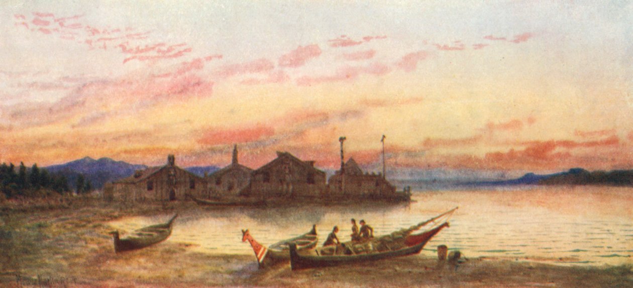 Siwash Village, Stillehavskysten (farvelitografi) af Thomas Mower Martin