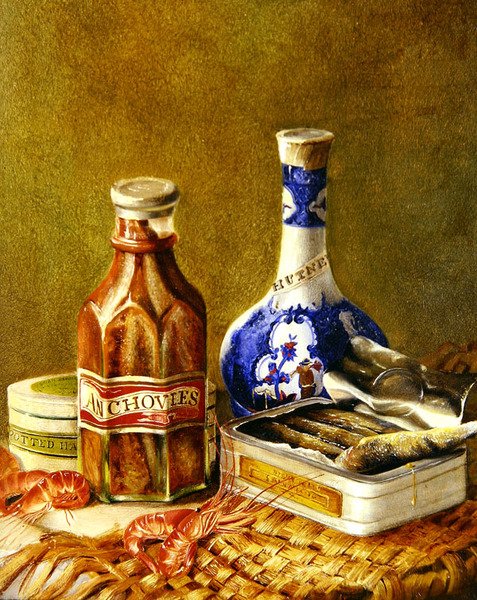 Stilleben med ansjoser, ca. 1844-62 (olie på kort lagt på lærred) af Thomas Musgrave