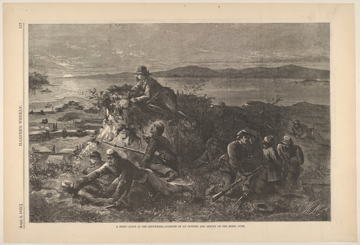 A Night Scout in the Southwest - Surprise of an Outpost, and Survey of the Rebel ..., 4. april 1863. af Thomas Nast