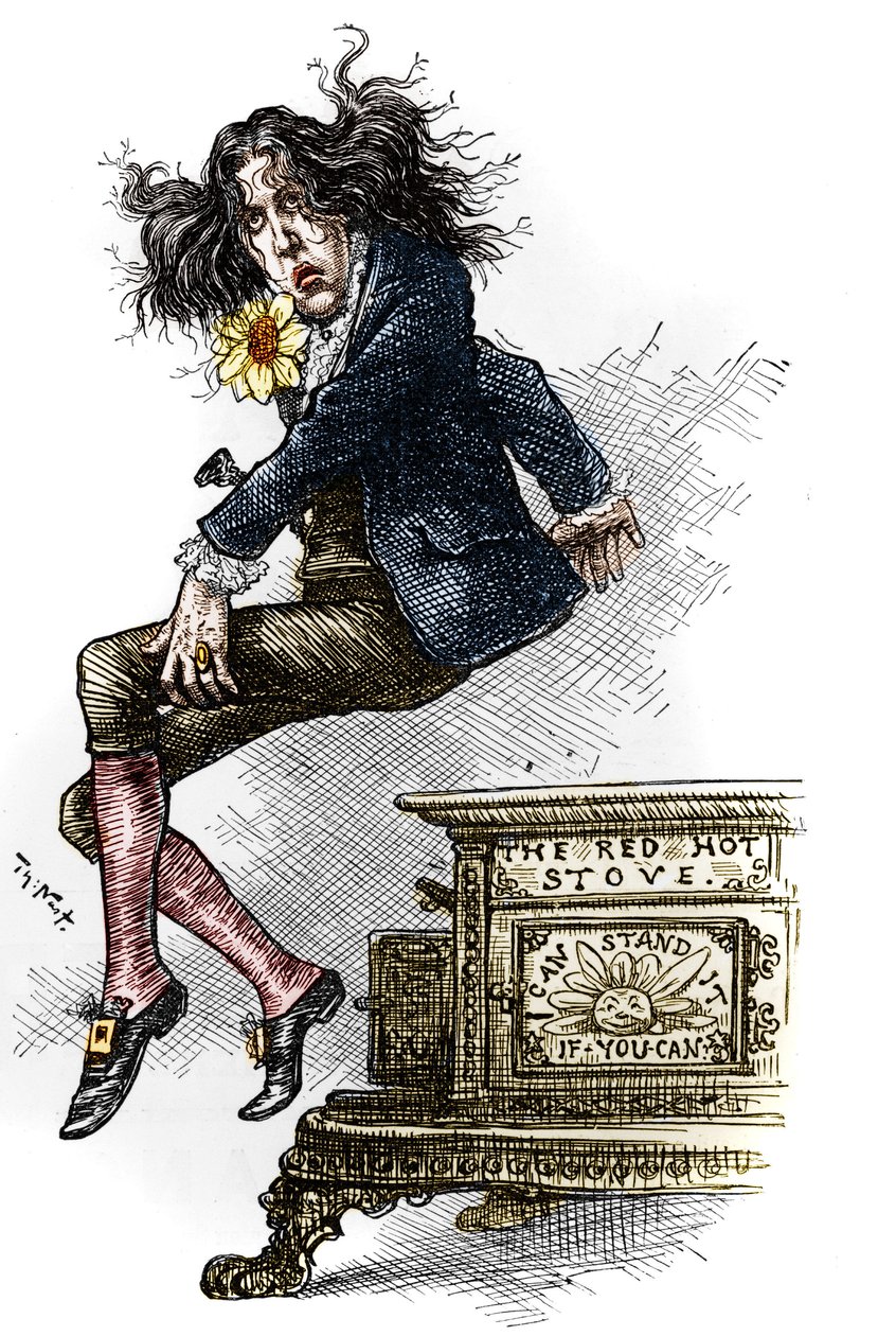 Tegnefilm af Oscar Wilde (1854-1900), klædt i dandy, lavet under hans rejse til USA i 1882. Tegning af Thomas Nast (1840-1902) i "" Harper