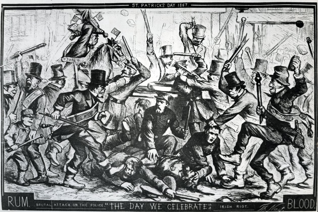 Tegneserie, der skildrer optøjerne i New York på St. Patrick