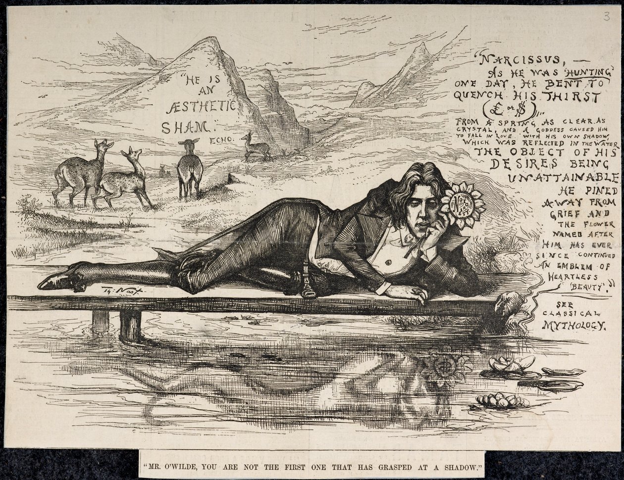 Oscar Wilde som Narcissus (med en inskription) (gravering) af Thomas Nast