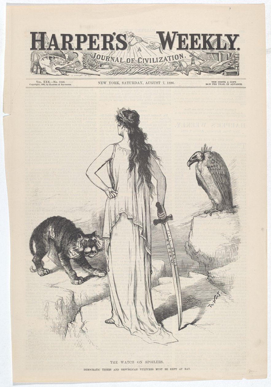 The Watch on Spoilers. De demokratiske tigre og republikanske gribbe skal holdes i skak. af Thomas Nast