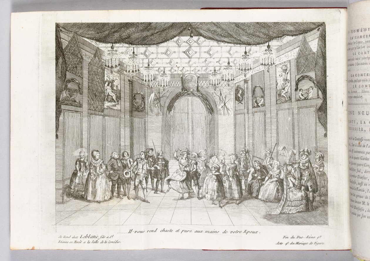 "Han gør dig kysk og ren i din ægtefælles hænder", illustration fra "Figaros ægteskab" af Pierre Augustin Caron de Beaumarchais, 1784 af Thomas Naudet