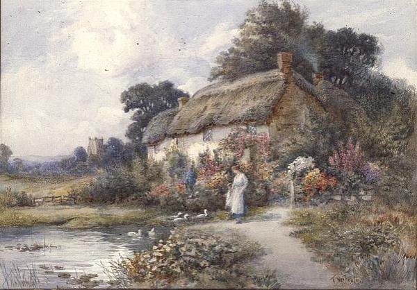 Stråtækt sommerhus, Ringwood, Hampshire (akvarel) af Thomas Noelsmith