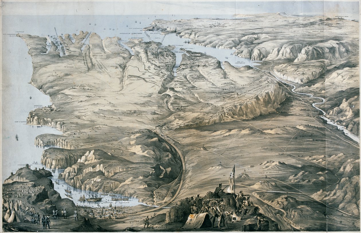 Panoramaudsigt over forskansningen af de allierede hære i England og Frankrig før Sebastopol (litografi, tonet) af Thomas Packer