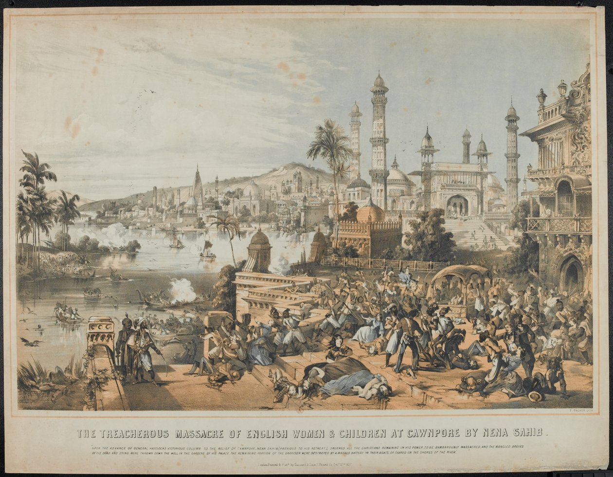 Nena Sahibs forræderiske massakre på engelske kvinder og børn ved Cawnpore under det indiske mytteri i 1857, trykt 12. oktober 1857 (tonet litografi) af Thomas Packer