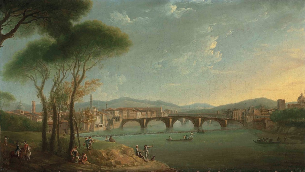 En udsigt over Arno, Firenze, fra Cascine Gardens, med figurer, der fisker og hviler på klipperne i forgrunden, Ponte alla Carità og Ponte Vecchio hinsides af Thomas Patch