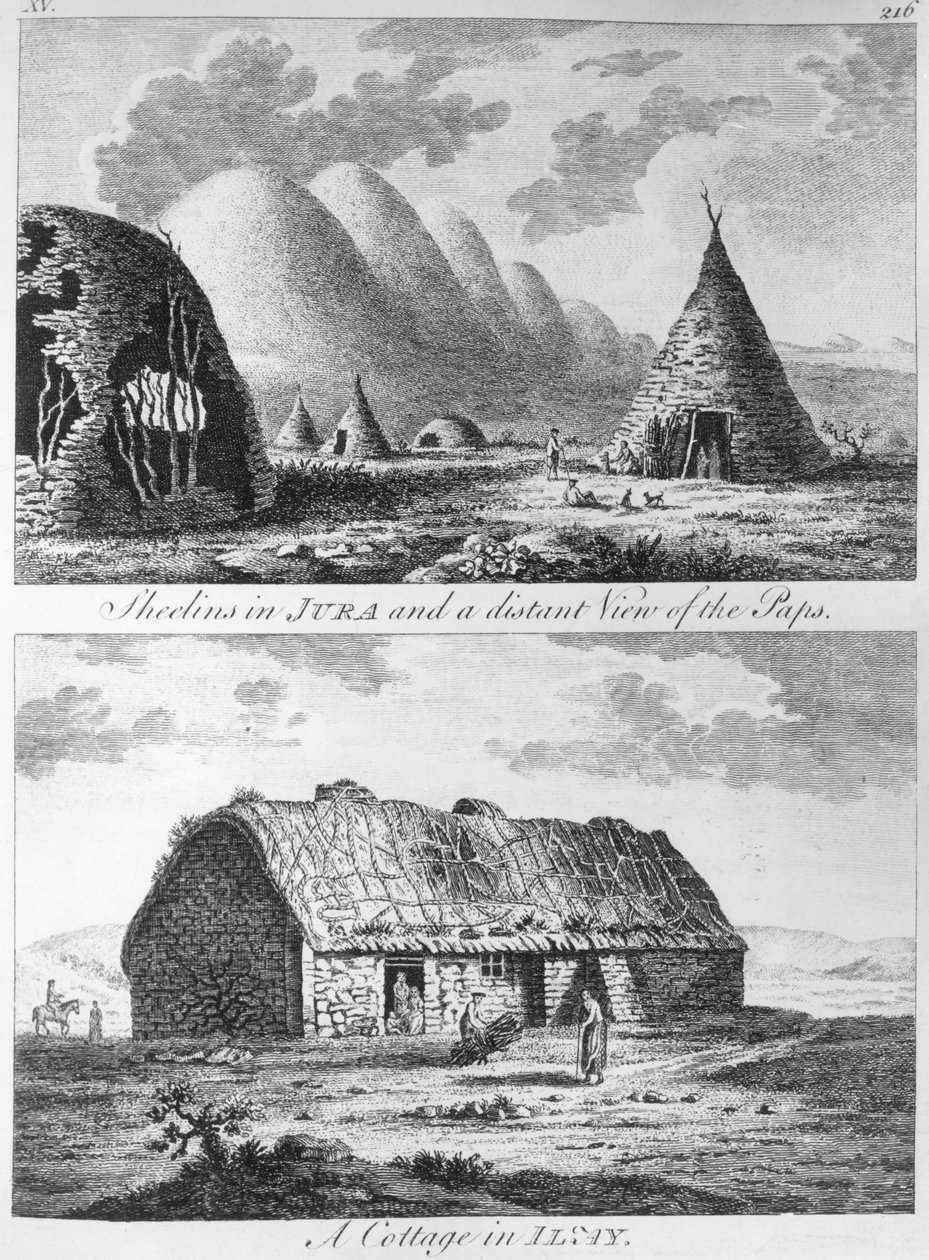Sheelins in Jura and a distant view of the Paps and A Cottage of Islay, fra "A Tour in Scotland, and voyage to the Hebrides" 1772 af Thomas Pennant