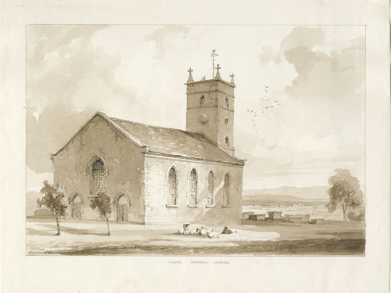 (Nedre) Gornal Kirke: sepia tegning af Thomas Peploe Wood