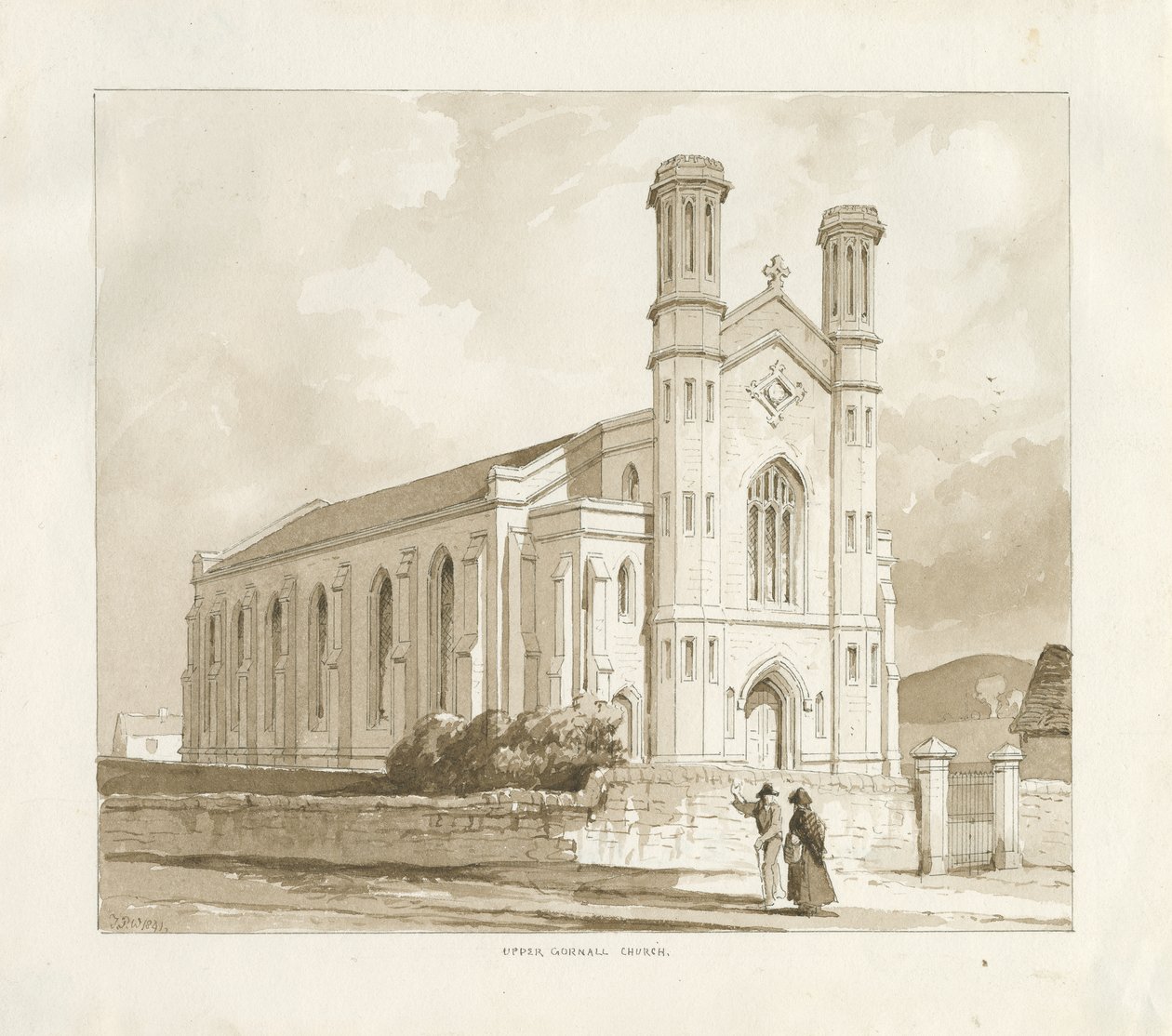 (Øvre) Gornal Kirke: sepia vask tegning af Thomas Peploe Wood