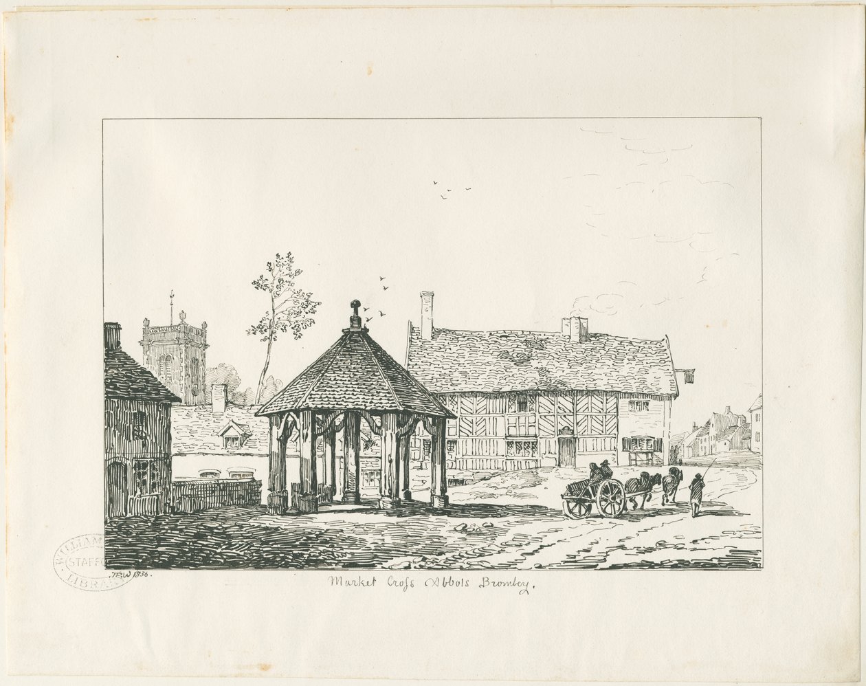 Abbots Bromley - Tudor Market Cross and House: pen- og blæktegning af Thomas Peploe Wood