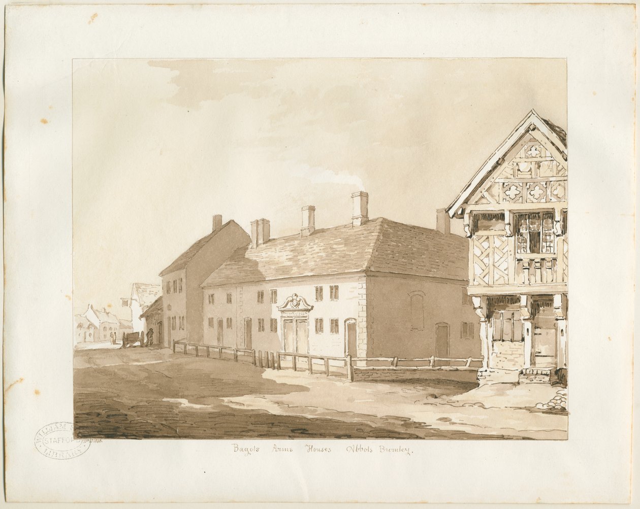 Abbots Bromley Almshouses: sepia vask tegning af Thomas Peploe Wood