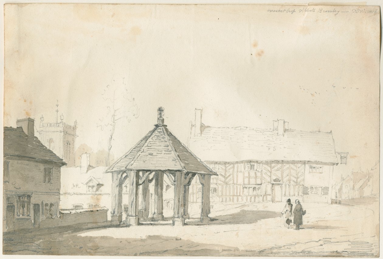 Abbeds Bromley Tudor - Market Cross and House: blyant- og vasketegning af Thomas Peploe Wood