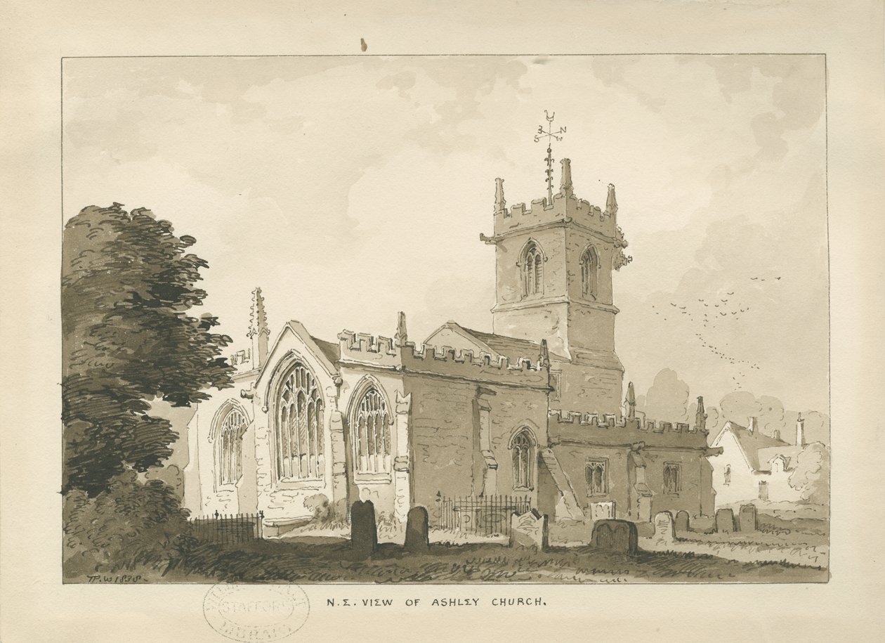 Ashley Church: sepia tegning, 1838 af Thomas Peploe Wood