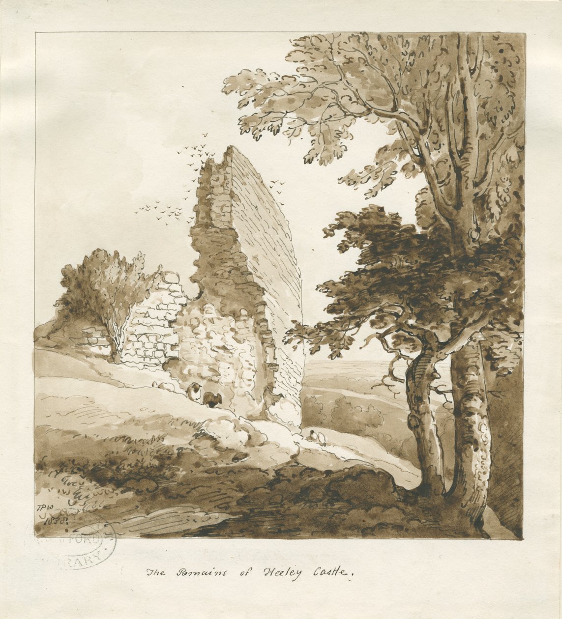Audley - Heeley Castle: sepia tegning af Thomas Peploe Wood