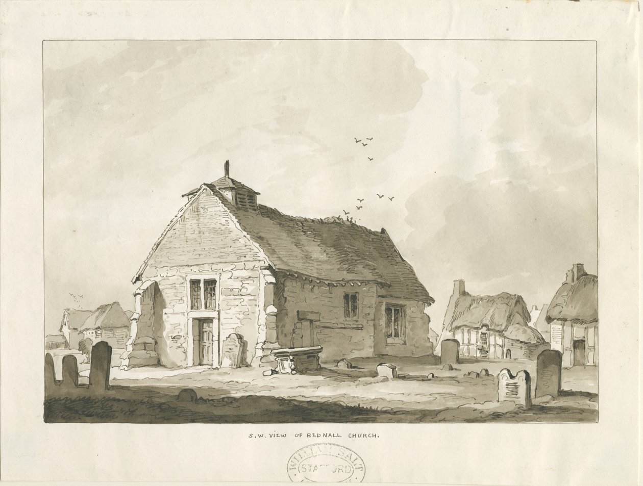 Bednall Church: sepia drawing, nd [? 1838] dani af Thomas Peploe Wood