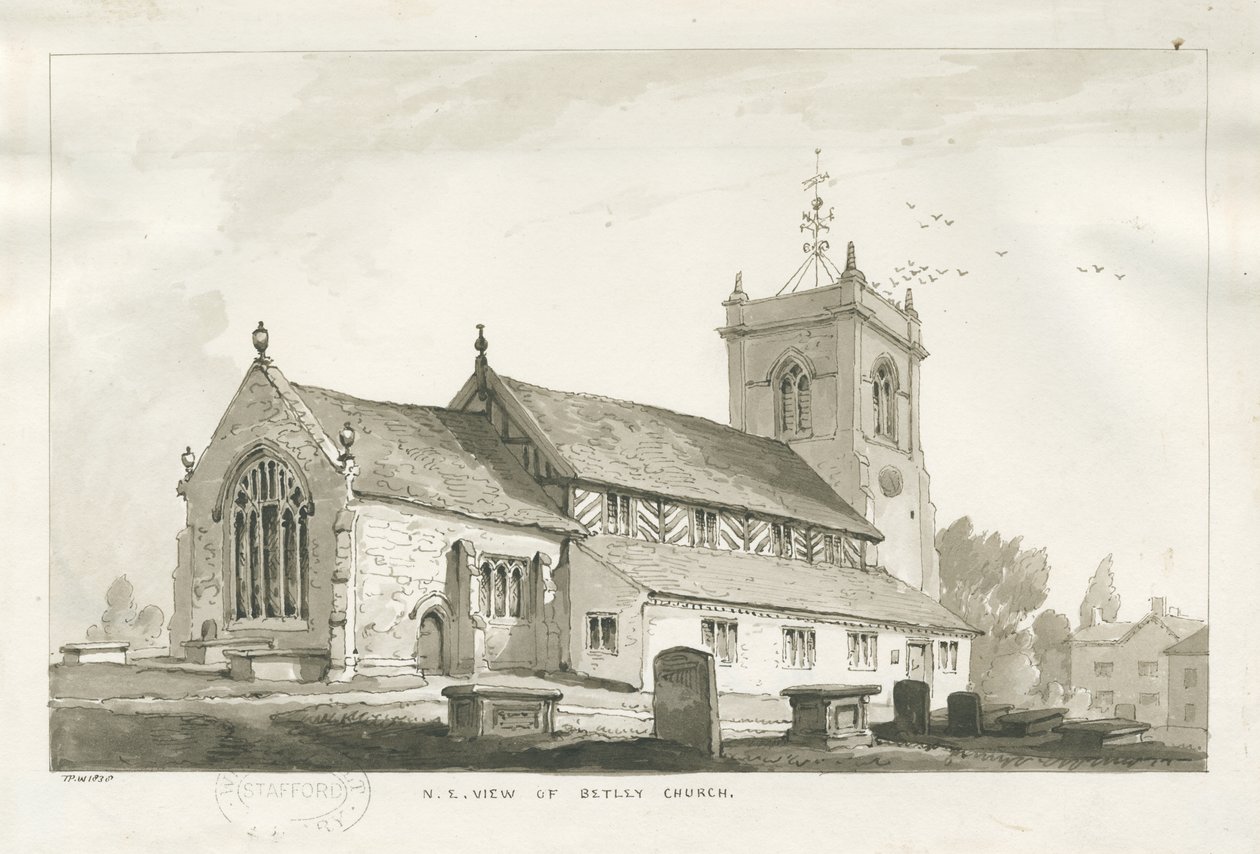 Betley Church: sepia tegning, 1838 af Thomas Peploe Wood