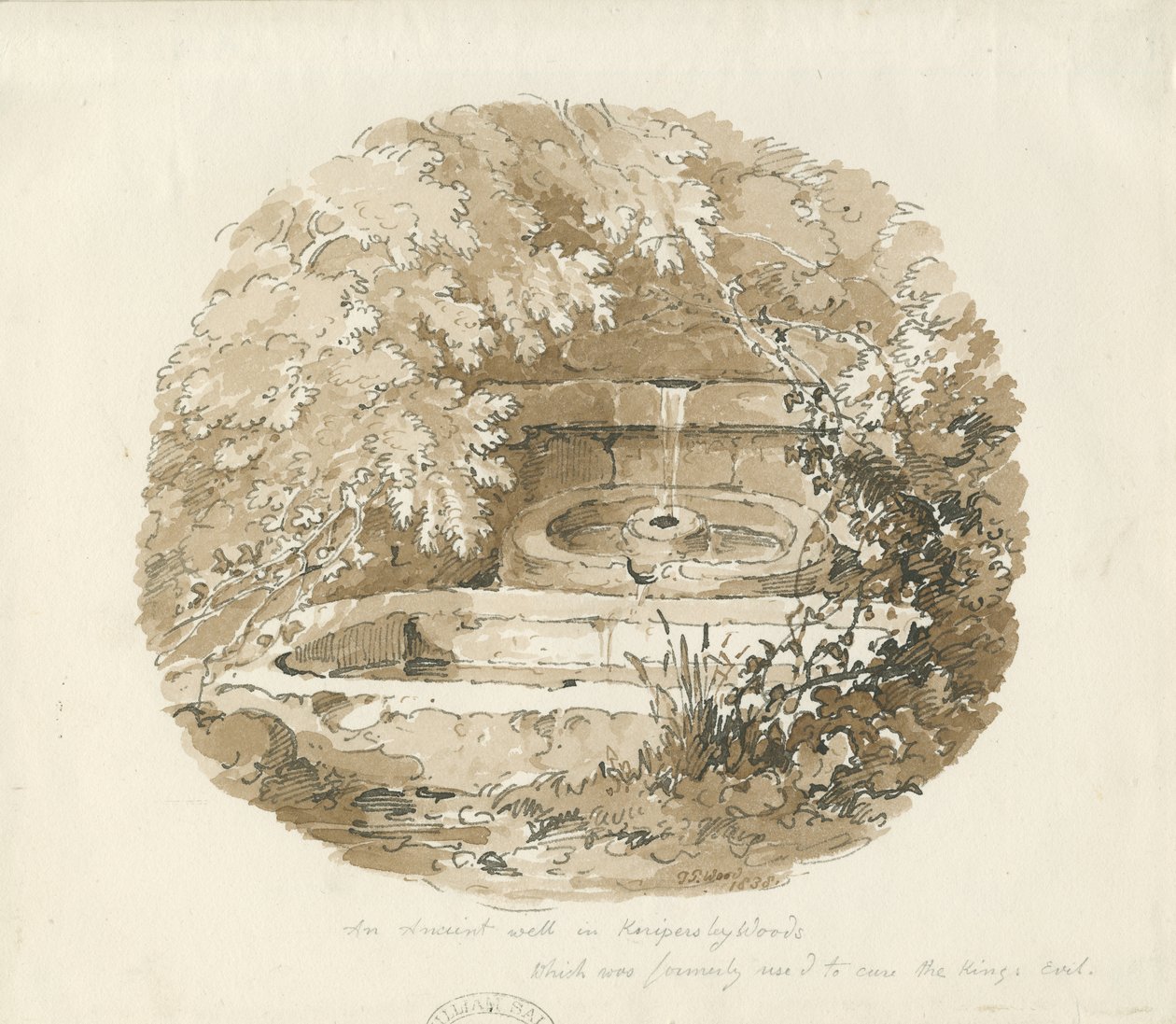 Biddulph - Ancient Well i Knypersley Woods: sepia tegning af Thomas Peploe Wood