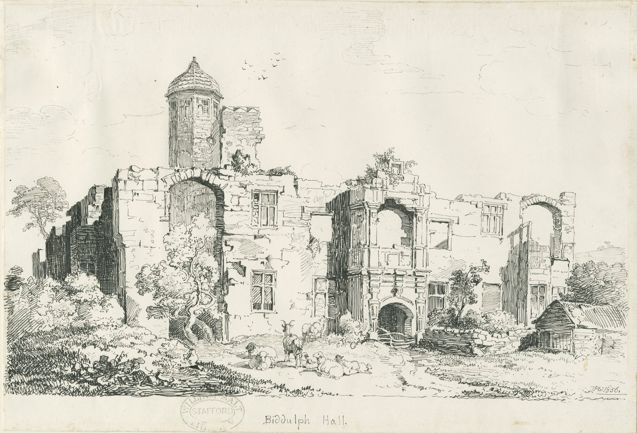 Biddulph Hall (gammel): pen- og blæktegning af Thomas Peploe Wood
