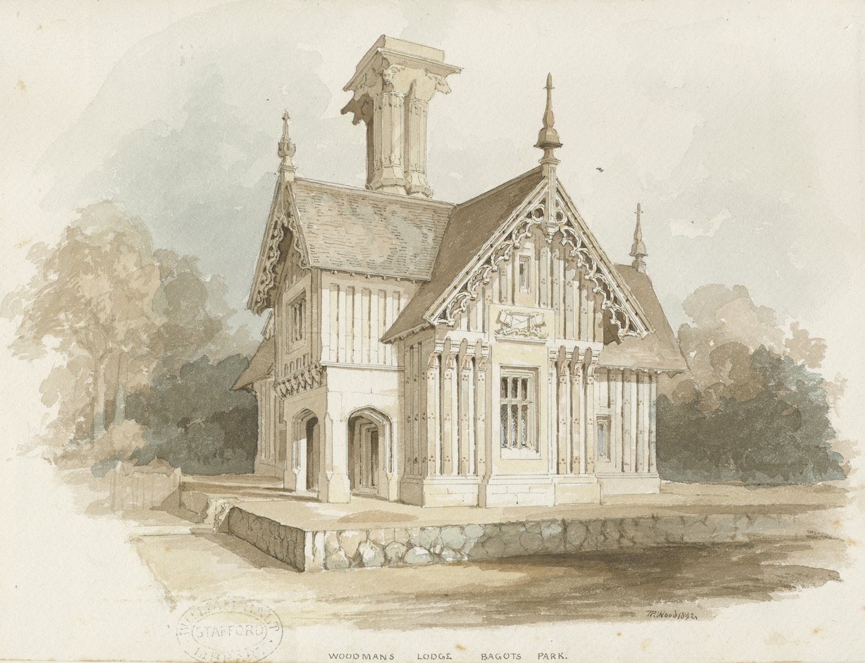 Blithfield - Lodge i Bagot Park: vandfarvemaling af Thomas Peploe Wood