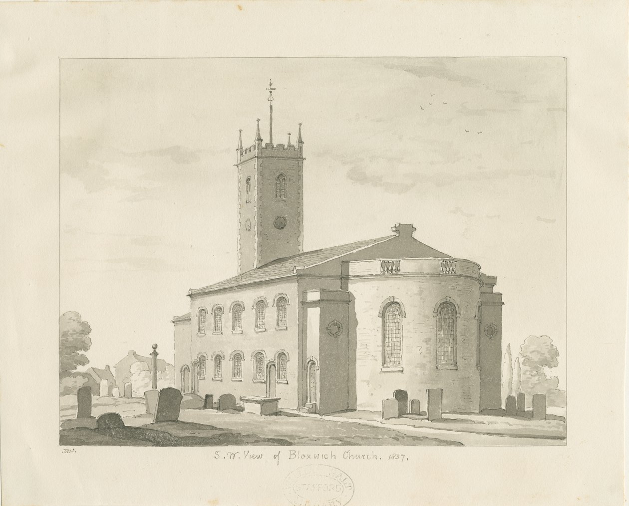 Bloxwich Church: sepia tegning, 1837 af Thomas Peploe Wood