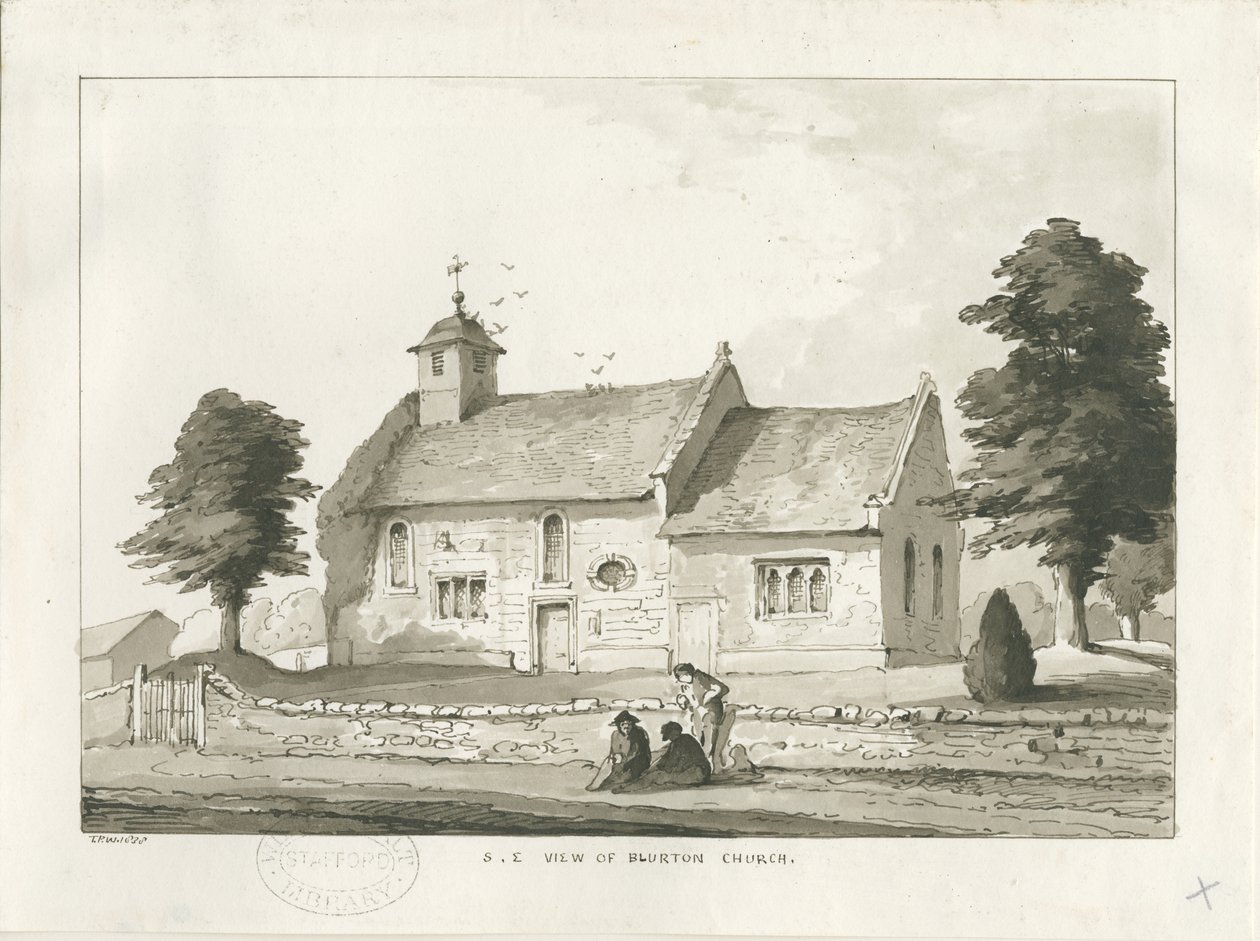 Blurton Church: sepia tegning af Thomas Peploe Wood