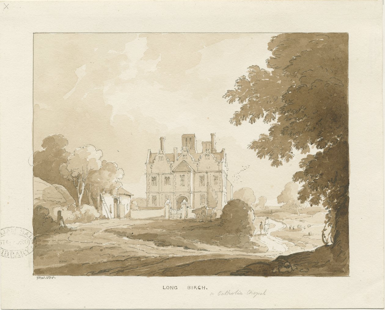 Brewood - Long Birch Hall: sepia drawing, 1838dani af Thomas Peploe Wood