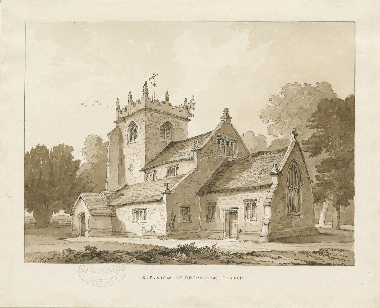 Broughton Church: sepia drawing, 1838dani af Thomas Peploe Wood