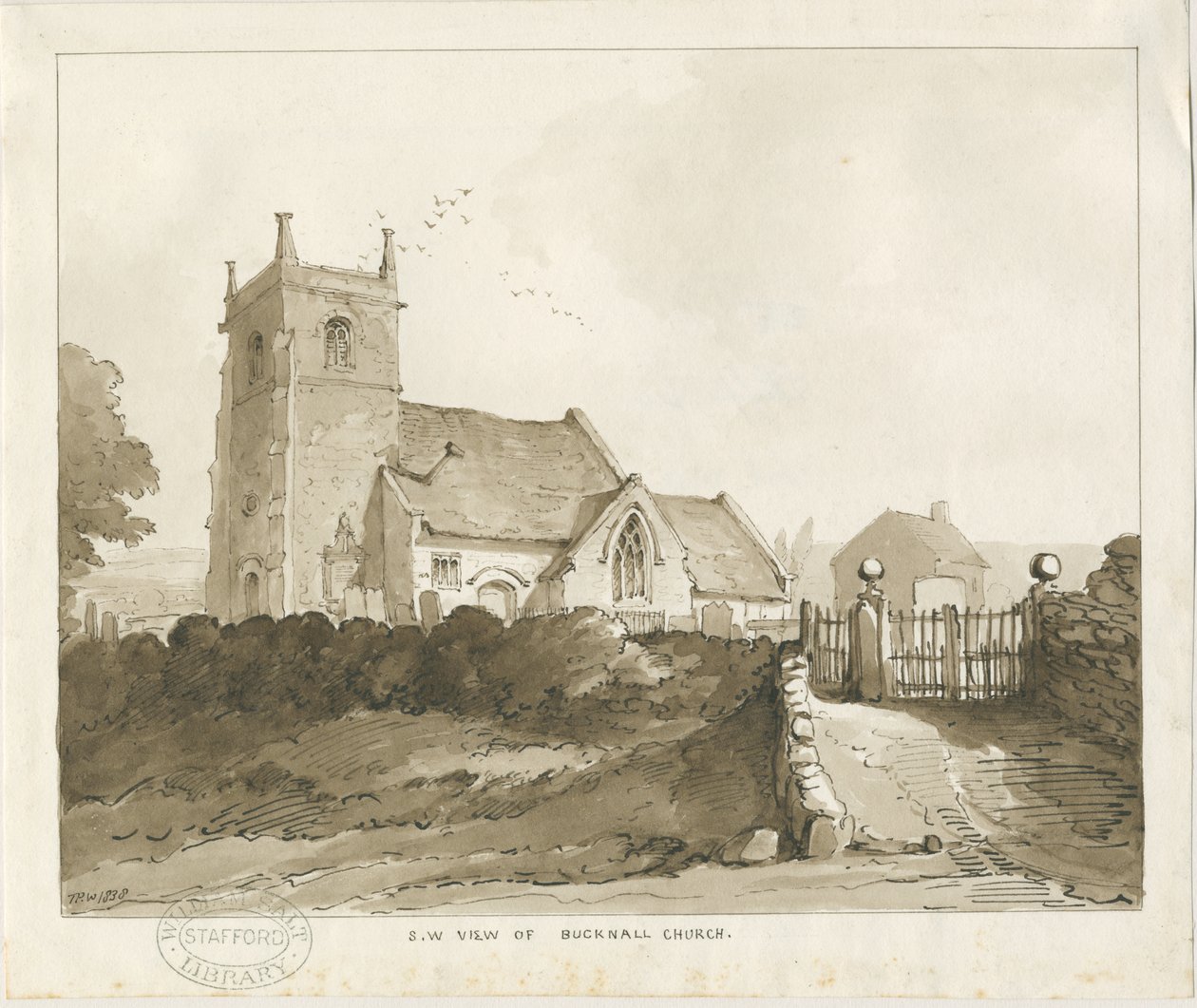 Bucknall Church: sepia tegning af Thomas Peploe Wood
