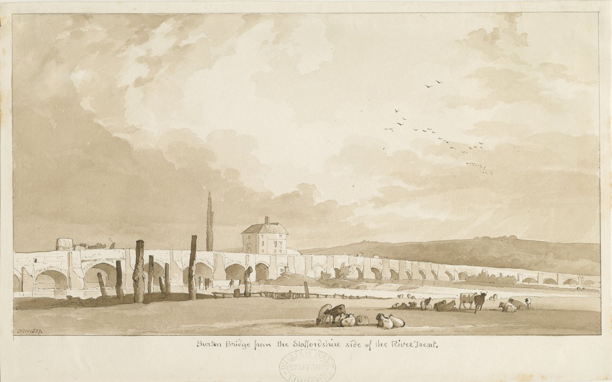 Burton-upon-Trent Bridge and Town: sepia-tegning, 1837 af Thomas Peploe Wood