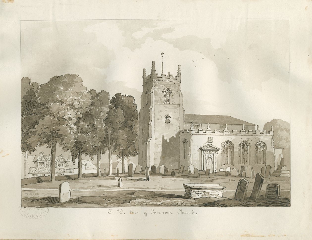 Cannock Kirke: sepia tegning af Thomas Peploe Wood
