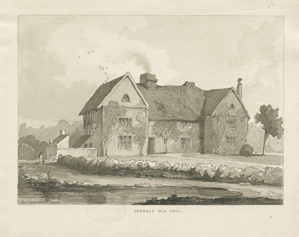 Charnes Hall: sepia tegning af Thomas Peploe Wood